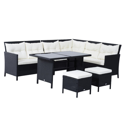 Semapa Rattan Black 8 Seater Corner Dining Sofa Set With Coffee Table Footstool And White Cushions