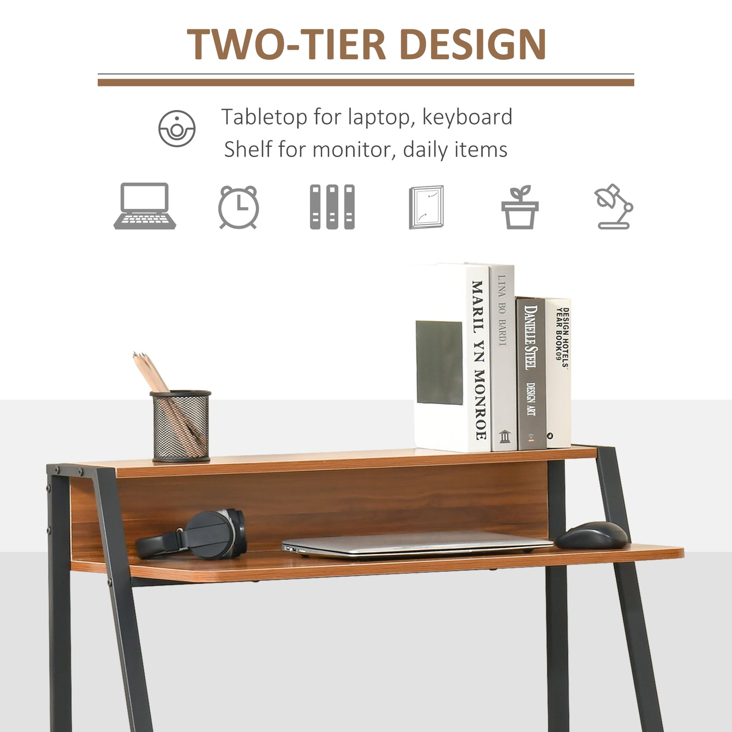Mifaha 84cm Wooden Walnut Compact Writing Desk With Storage Shelf