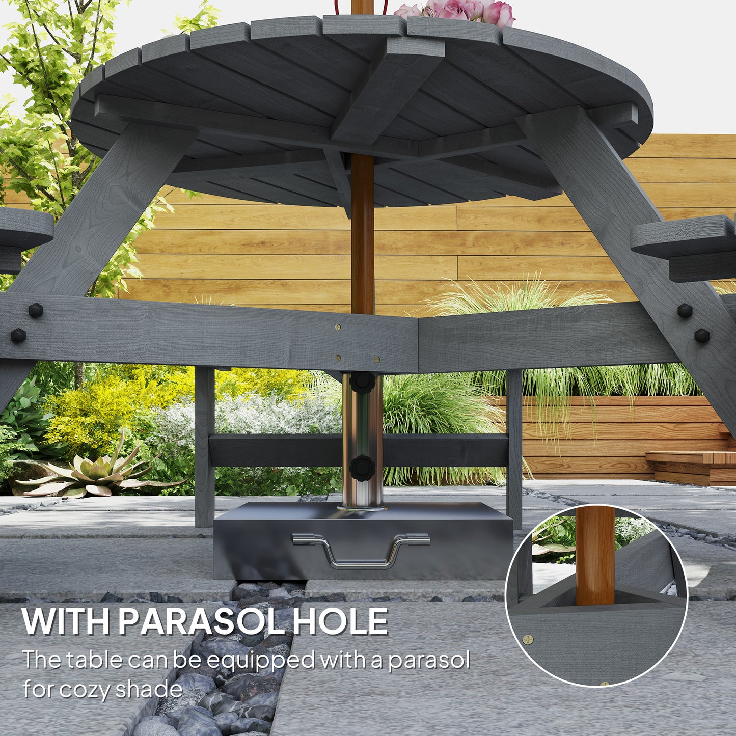 Taviba 6 Seater Grey Wood Round Picnic Table and Garden Benches Set