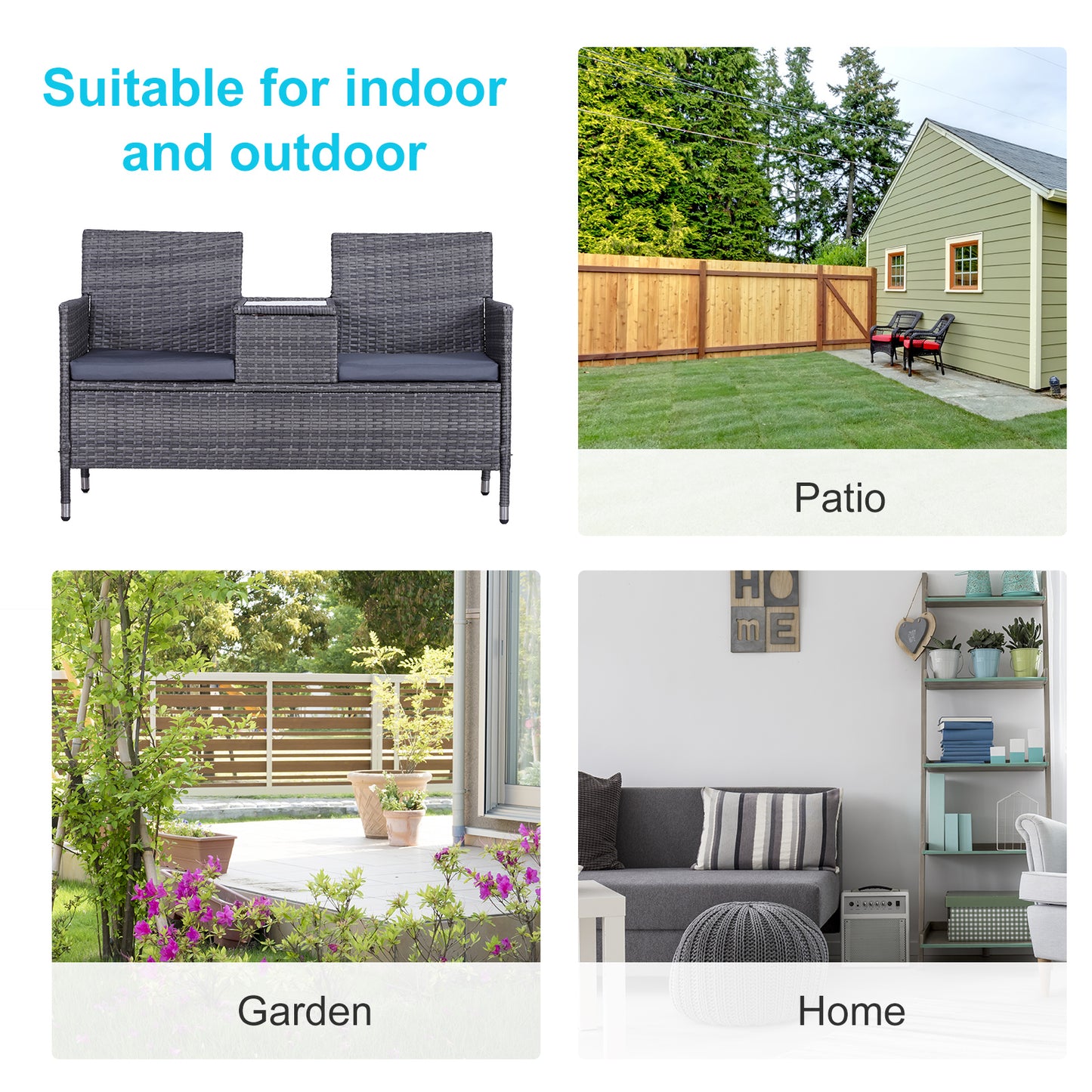 Tapata Rattan Grey 2 Seater Outdoor Garden Bench With Central Table