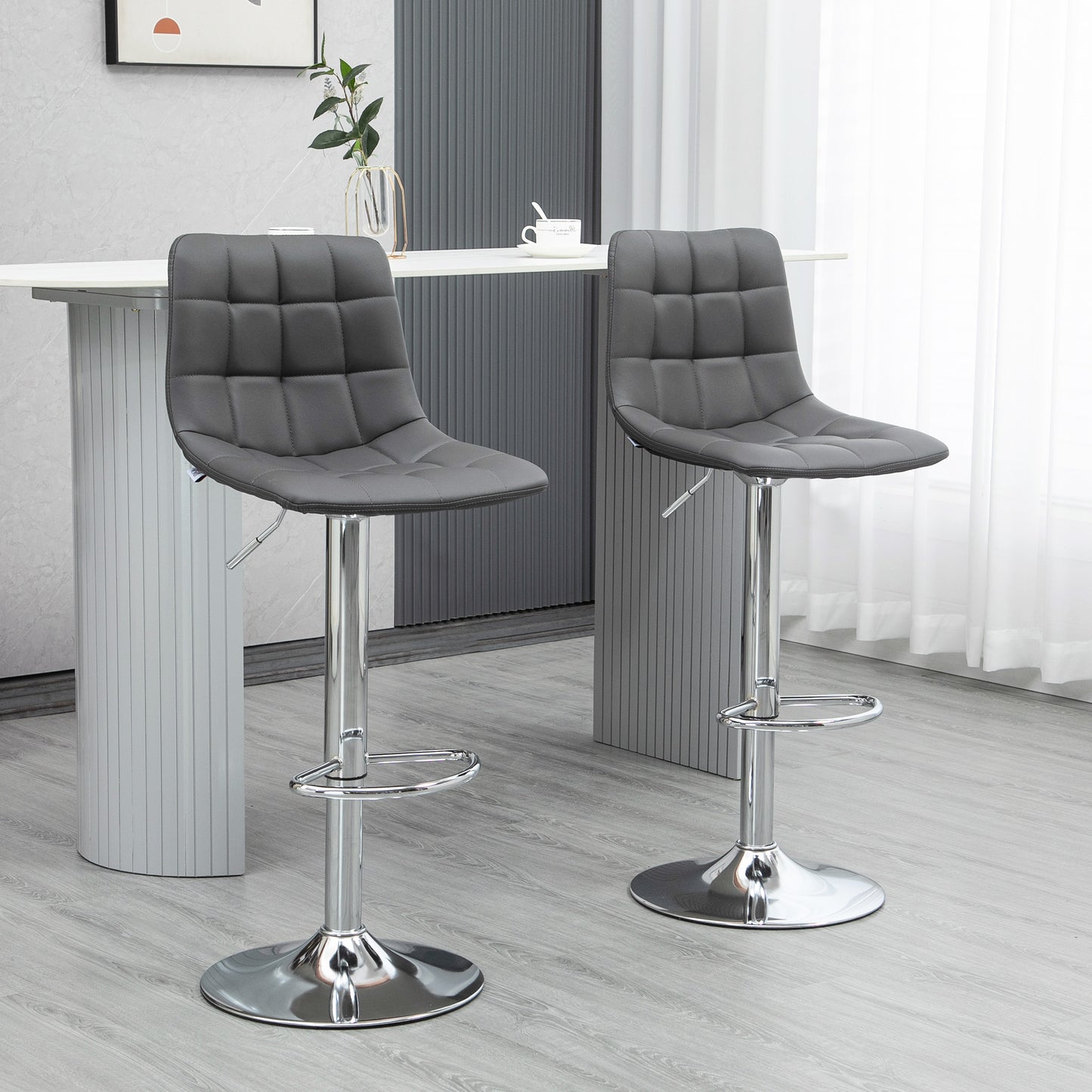 Vivivi Set Of 2 Grey Tufted Faux Leather Swivel Bar Stools With Back Support