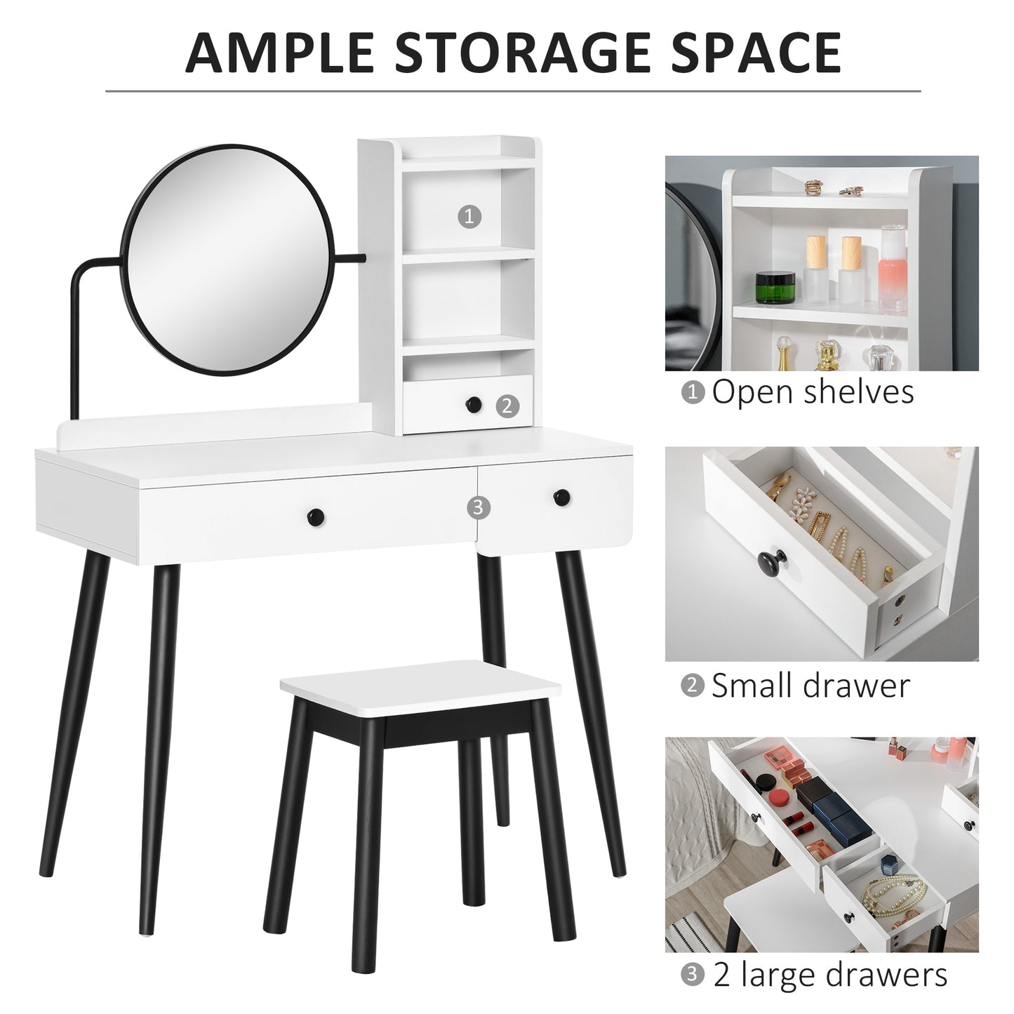 Viro Suso White Dressing Table And Stool Set With 3 Drawers And OFauxn Shelving