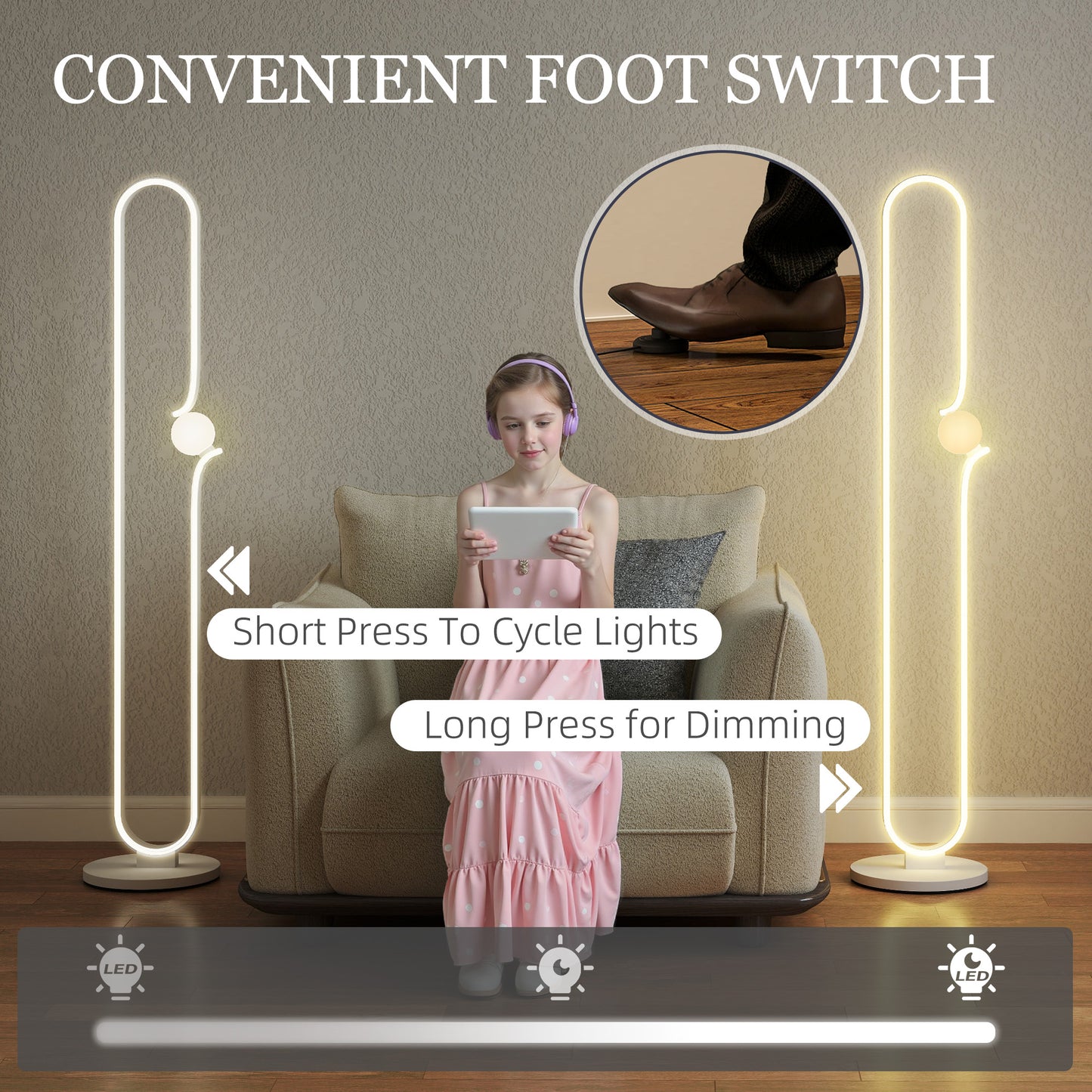 Vanotafa Metal And Glass White Dimmable LED Floor Lamp With Glass Night Light And Foot Switch