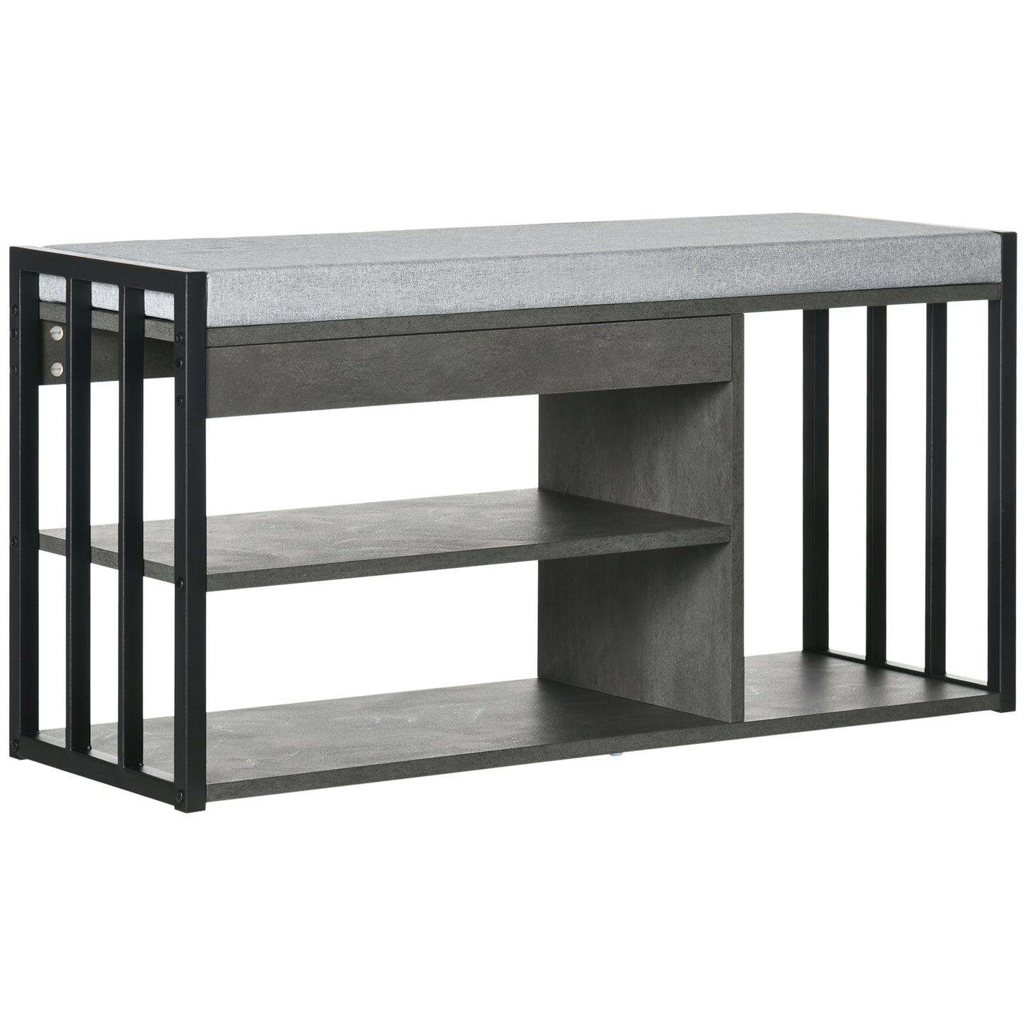 Vifava Neyo Grey Wood and Black Metal Upholstered Entryway Shoe Bench With 3 Shelves