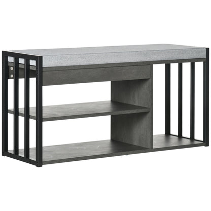 Vifava Neyo Grey Wood and Black Metal Upholstered Entryway Shoe Bench With 3 Shelves