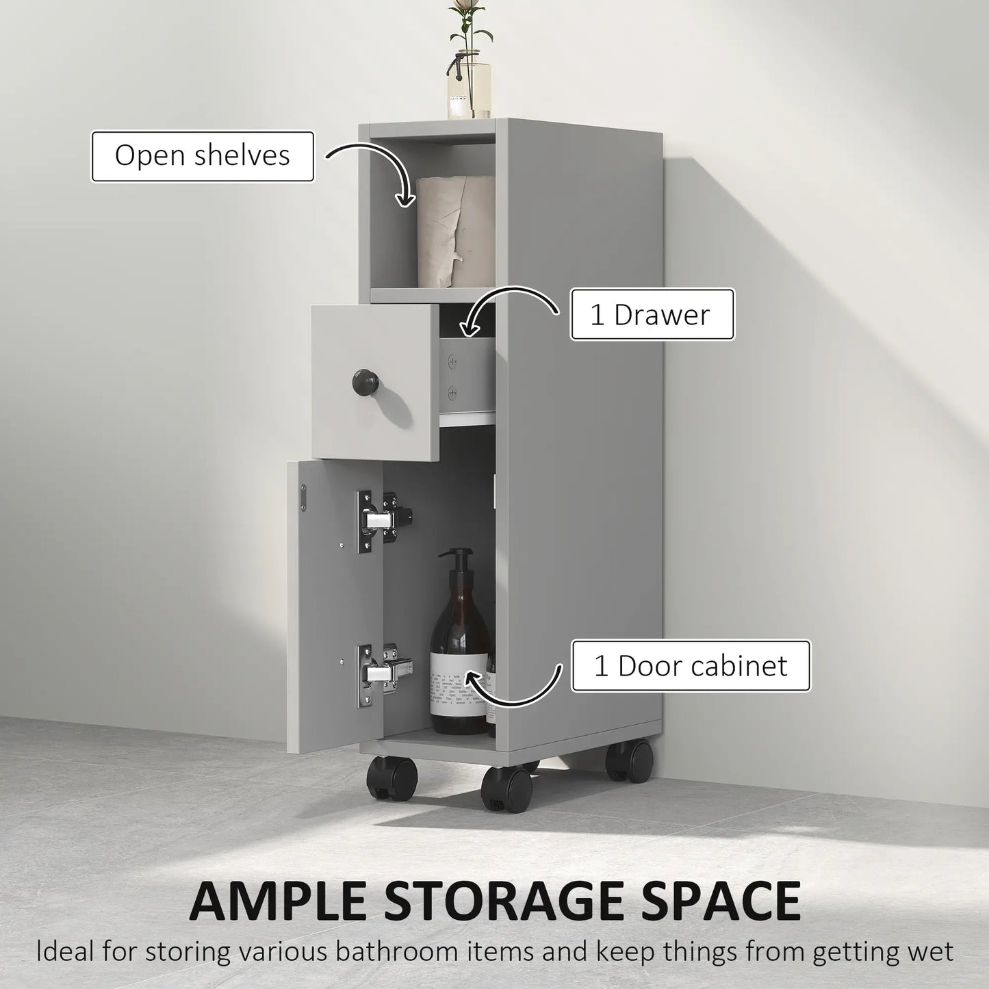 Slim Grey Bathroom Storage Cabinet With Compact Footprint