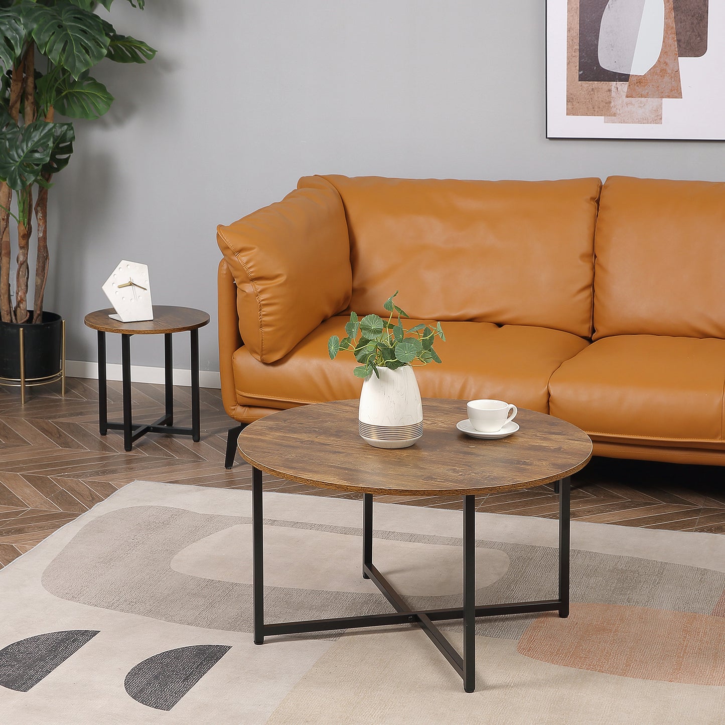 Kara Baso Set Of 2 Round Industrial Nesting Coffee Tables Metal And Wood Rustic Brown