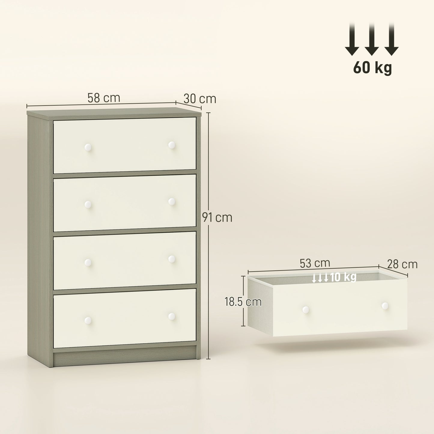 Cottola Fabric And Metal White And Grey 4 Drawer Storage Dresser