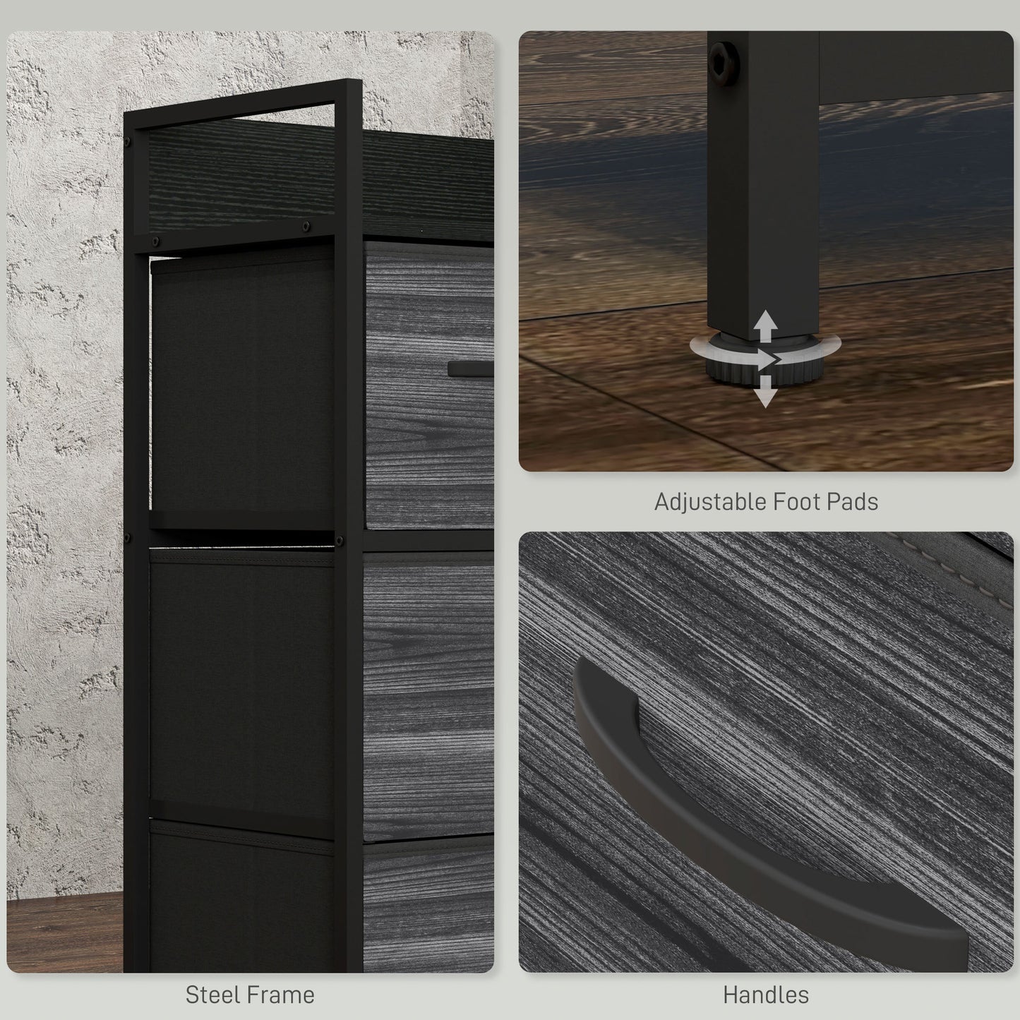 Kele Fabric And Wood Black 4 Drawer Rustic Storage Chest