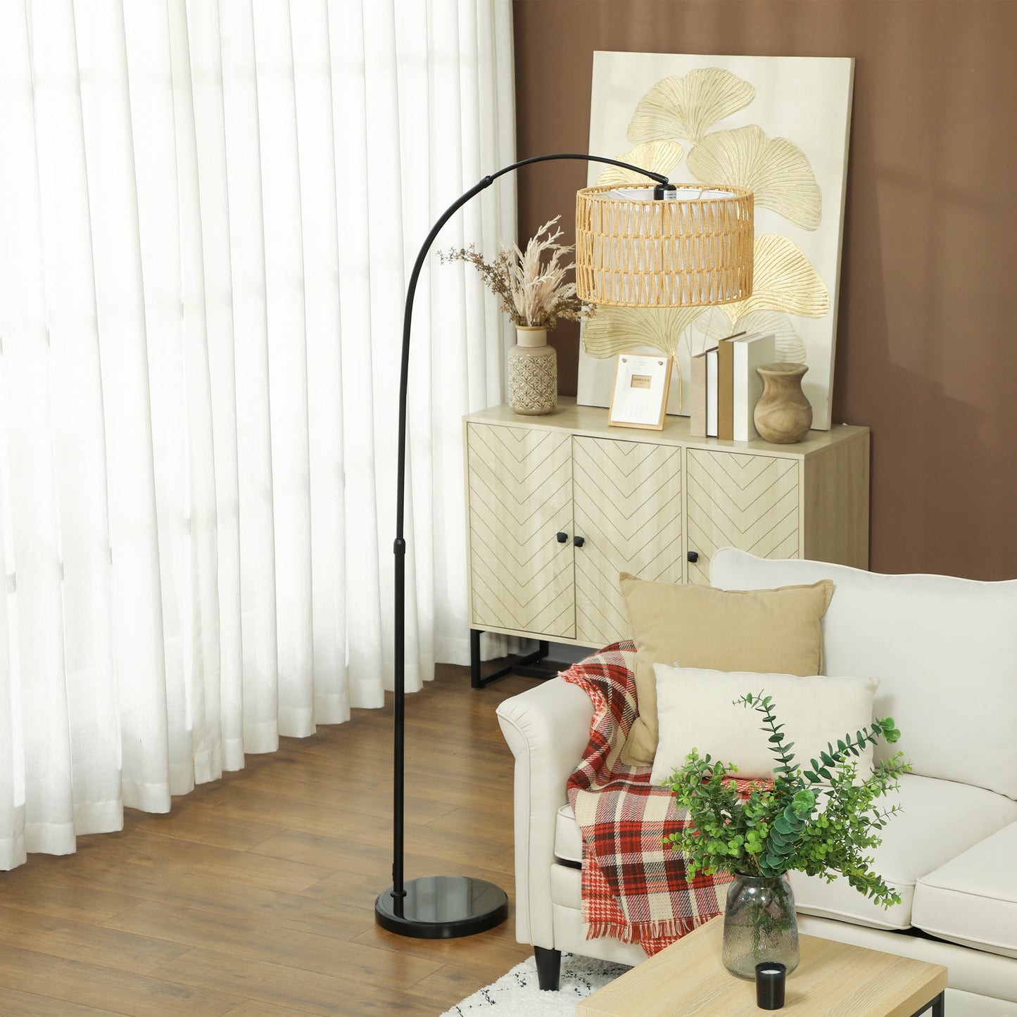 Limo Natural Rattan Black Metal Adjustable Floor Lamp With Dual Layer Shade