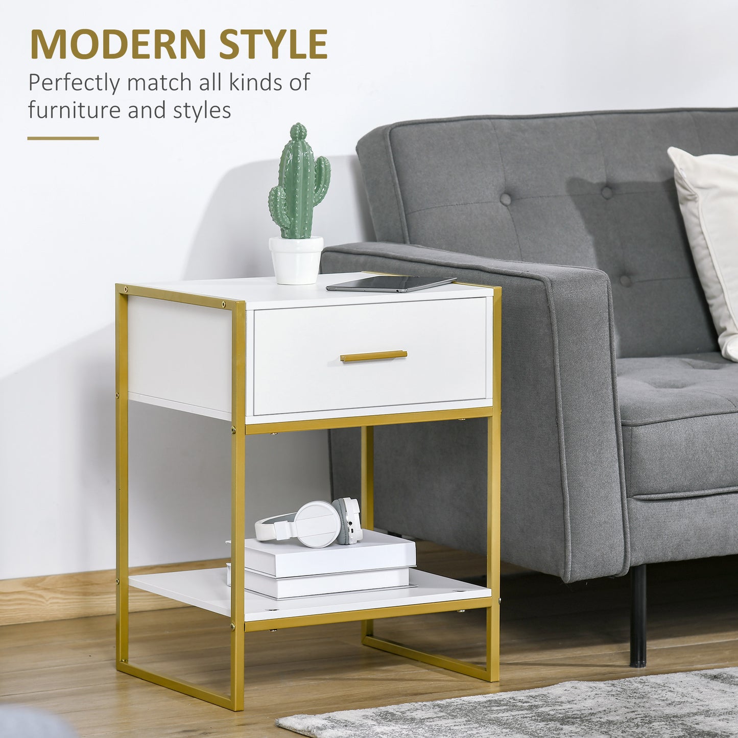 Fimase Set Of 2 Wooden White Bedside Tables With Drawer And Shelf