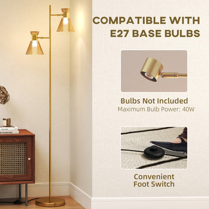 Luno Metal Gold Tone Dual Head Floor Lamp With Ribbed Glass Shades And Foot Switch