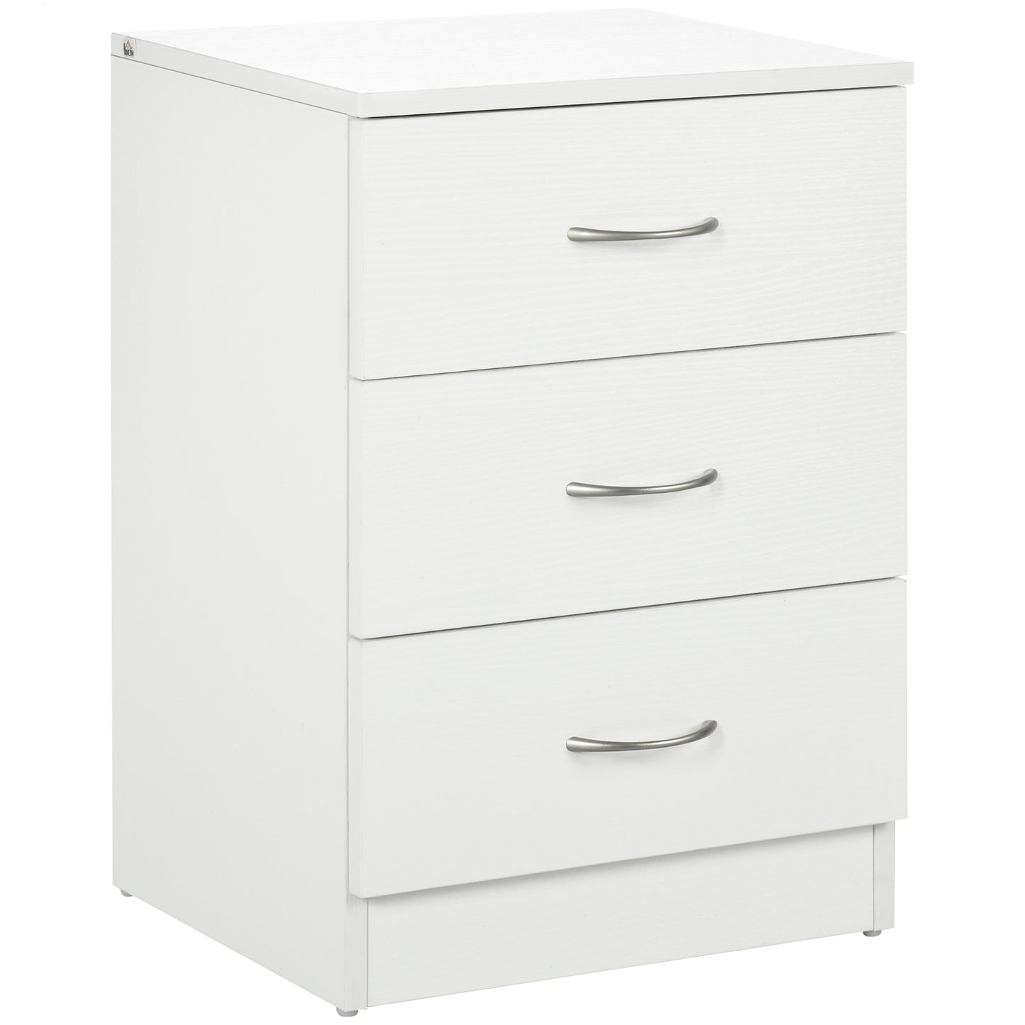 Yotose White Wood 3 Drawer Bedside Table with Silver Metal Handles