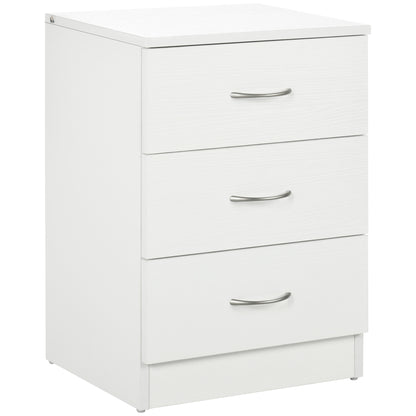 Yotose White Wood 3 Drawer Bedside Table with Silver Metal Handles