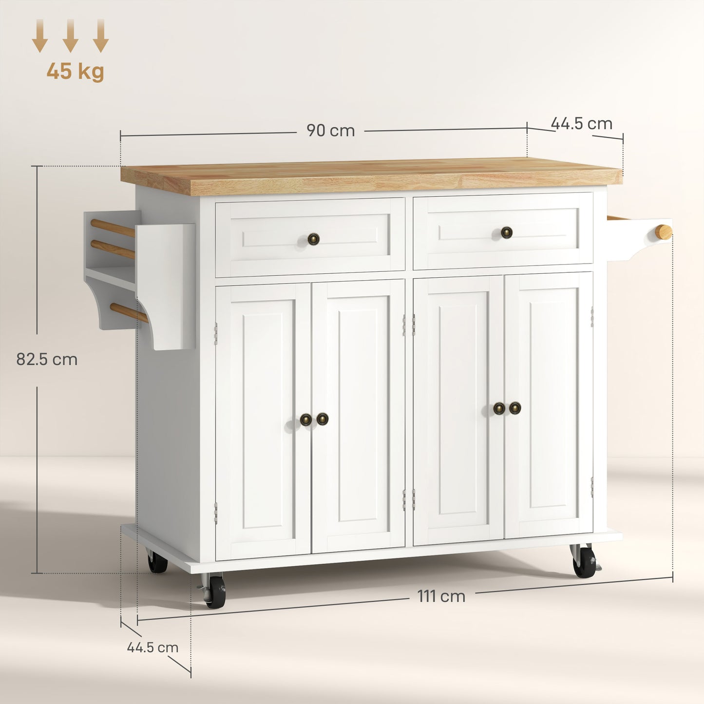 Vivali Rubberwood And Wooden Cream White Rolling Kitchen Island With Drawers And Storage