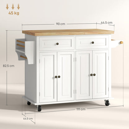 Vivali Rubberwood And Wooden Cream White Rolling Kitchen Island With Drawers And Storage