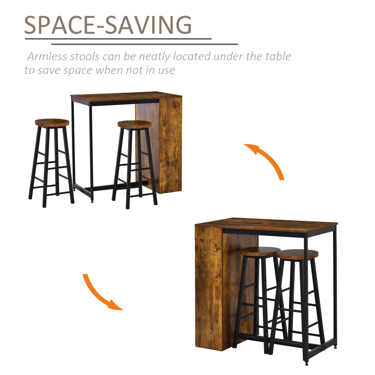 Vasori Metal And Wooden Industrial 3 Piece Bar Table Set With Storage Shelving