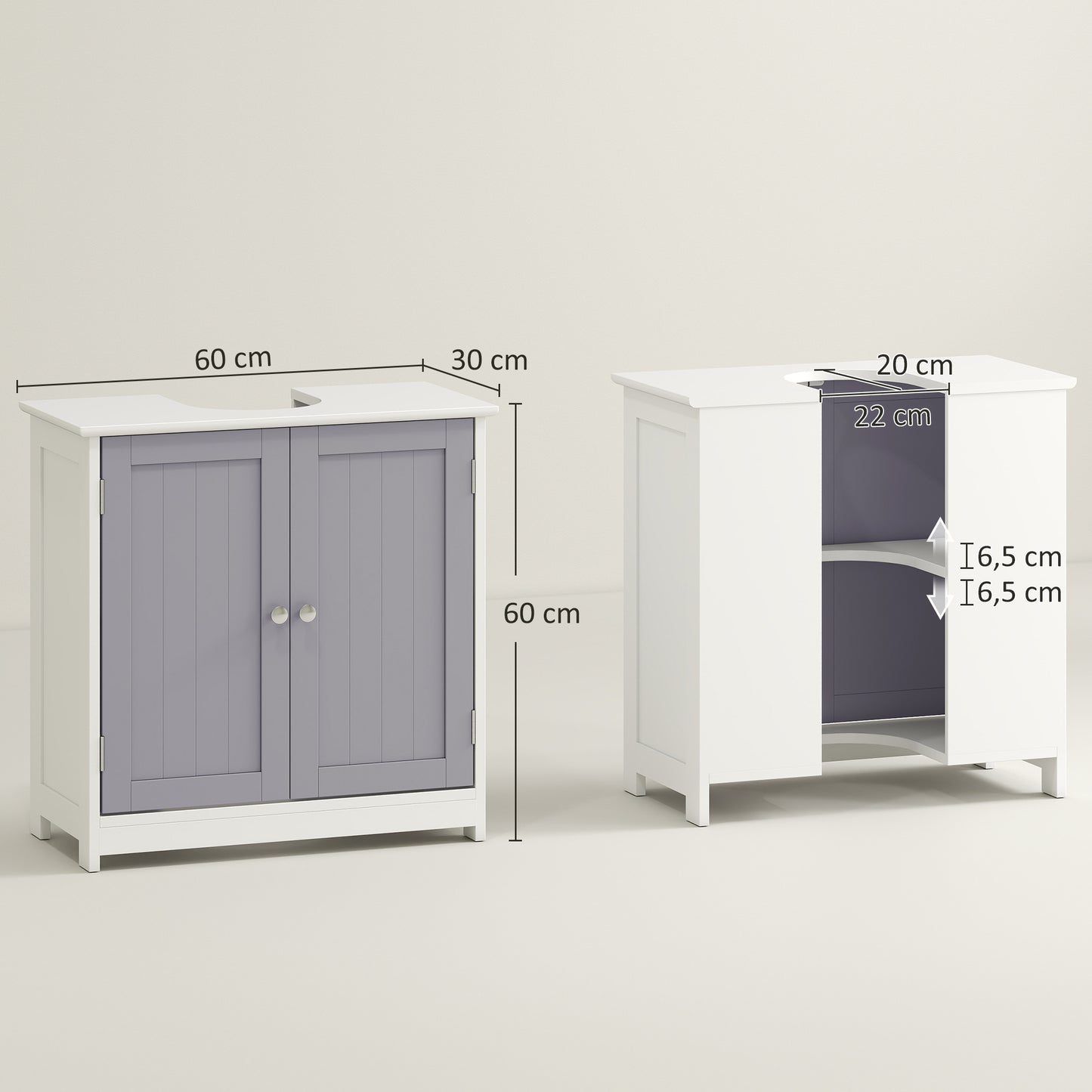 Rova Compact Under Sink Bathroom Storage Cabinet With Adjustable Shelf And Drain Cut Out White And Grey