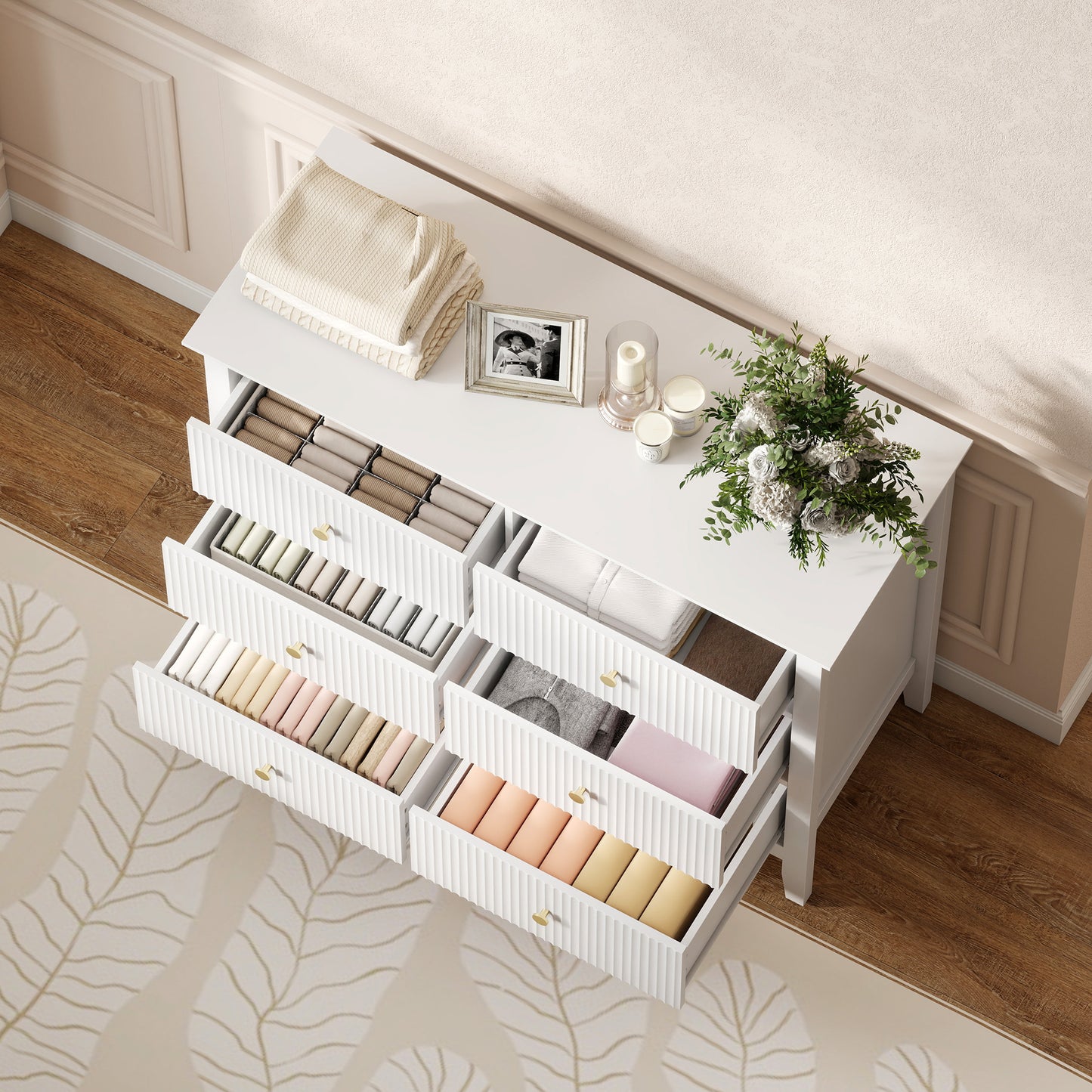 Lezi Wooden White 6 Drawer Fluted Storage Dresser