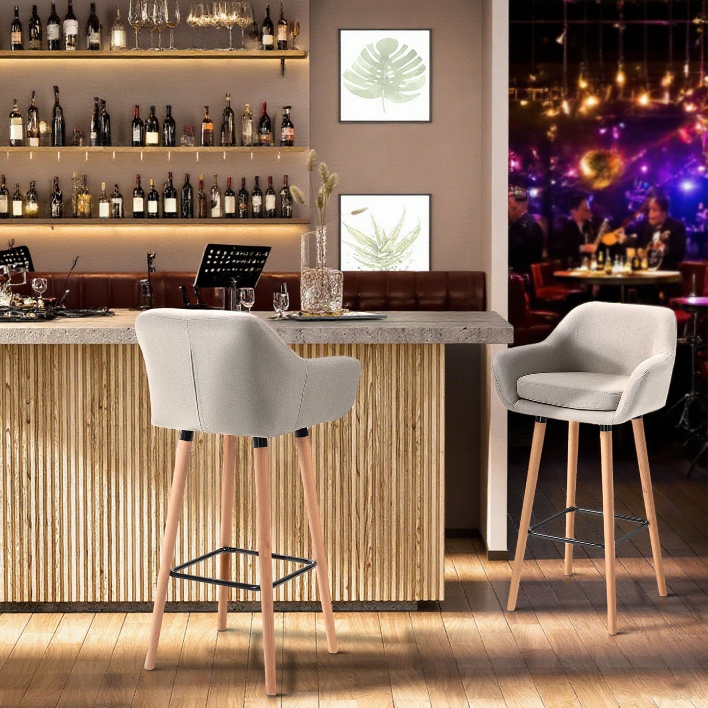 Dottira Fabric Beige Upholstered Bar Chairs Set Of 2 With Wood Legs And Metal Frame