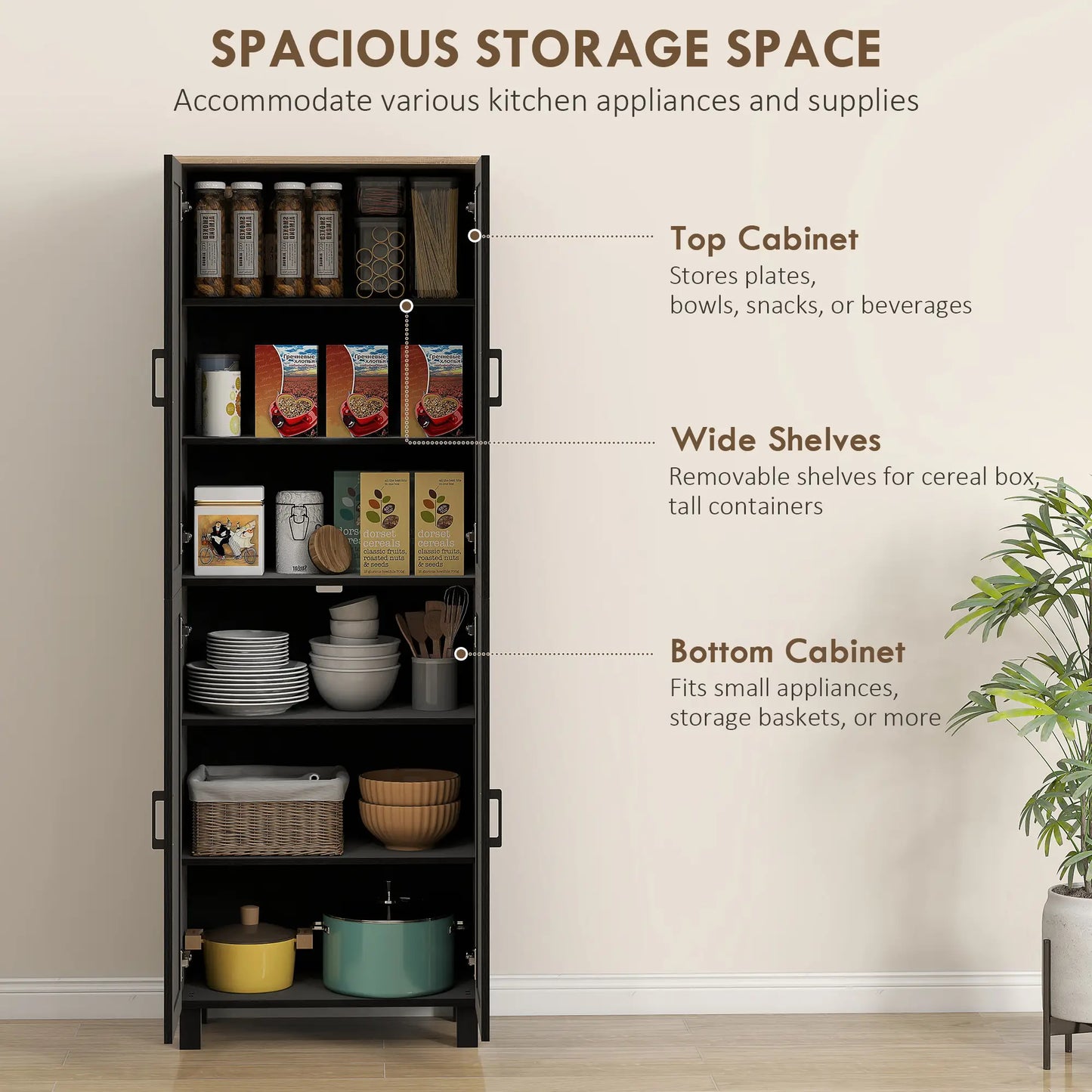 Parare 171cm Wooden Black 4 Door Freestanding Kitchen Pantry Cabinet