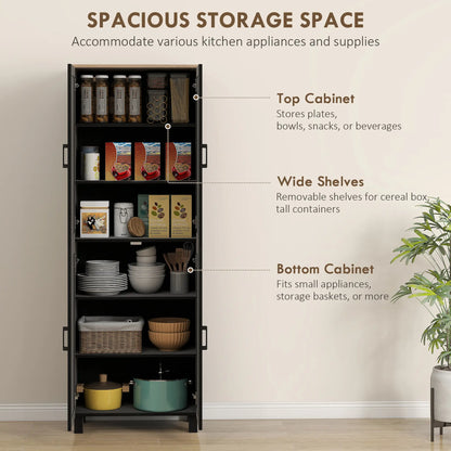 Parare 171cm Wooden Black 4 Door Freestanding Kitchen Pantry Cabinet