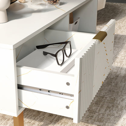 Lima Wooden White Marble Effect and Gold Coffee Table With 2 Storage Drawers