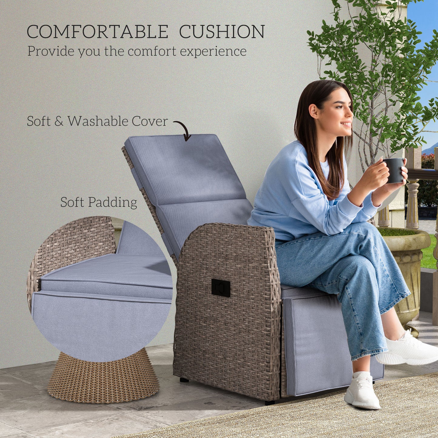 Namama Faux Rattan Brown And Grey Reclining Garden Armchair With Footrest
