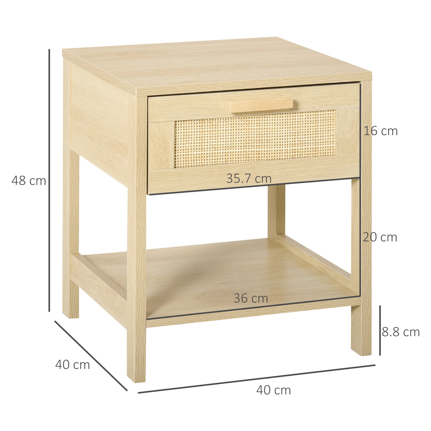 Dilamo Set Of 2 Farmhouse Bedside Tables With Rattan Drawer And Open Shelf