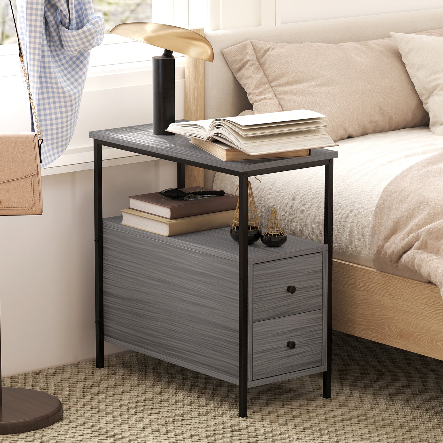 Loto Wooden Grey Wood Effect Narrow Bedside Table With 2 Drawers And Top Shelf