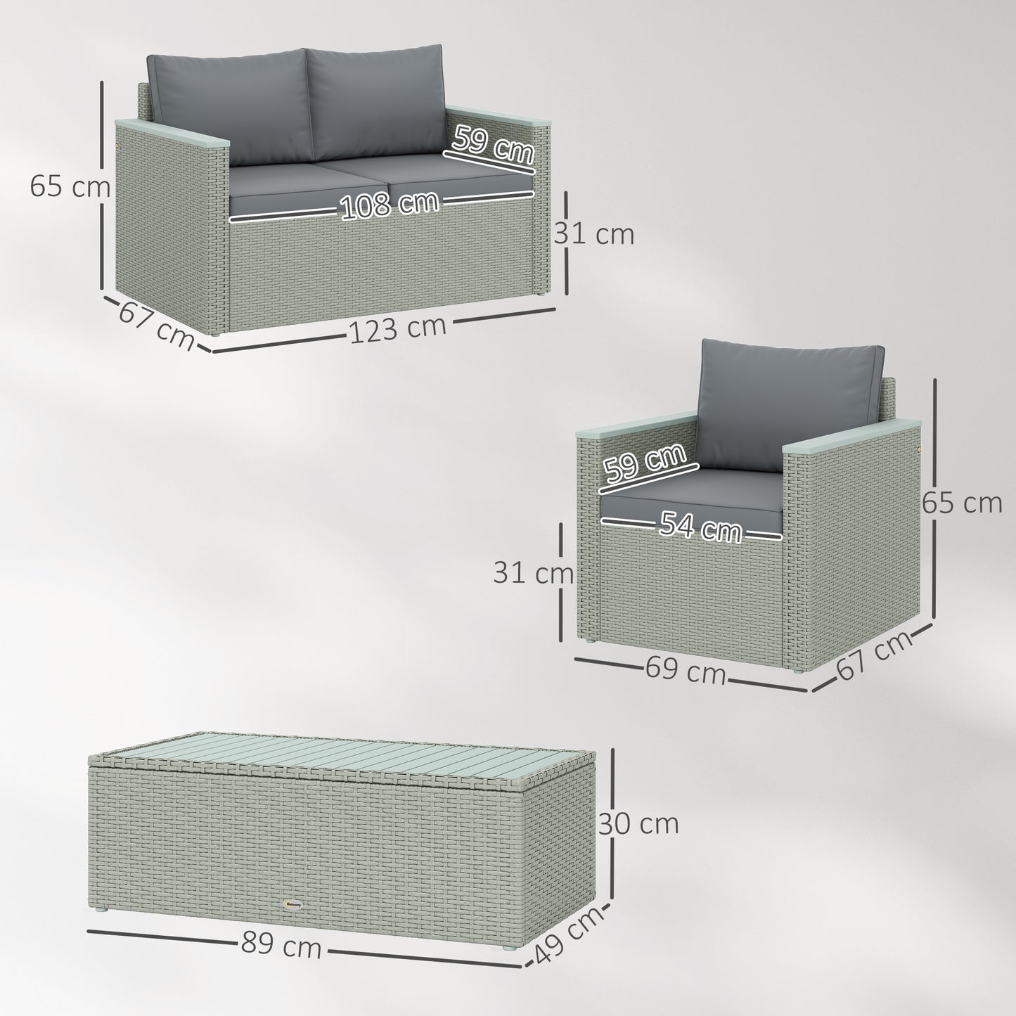 Zisupa Rattan Grey 4 Seater Outdoor Garden Sofa Set With Coffee Table
