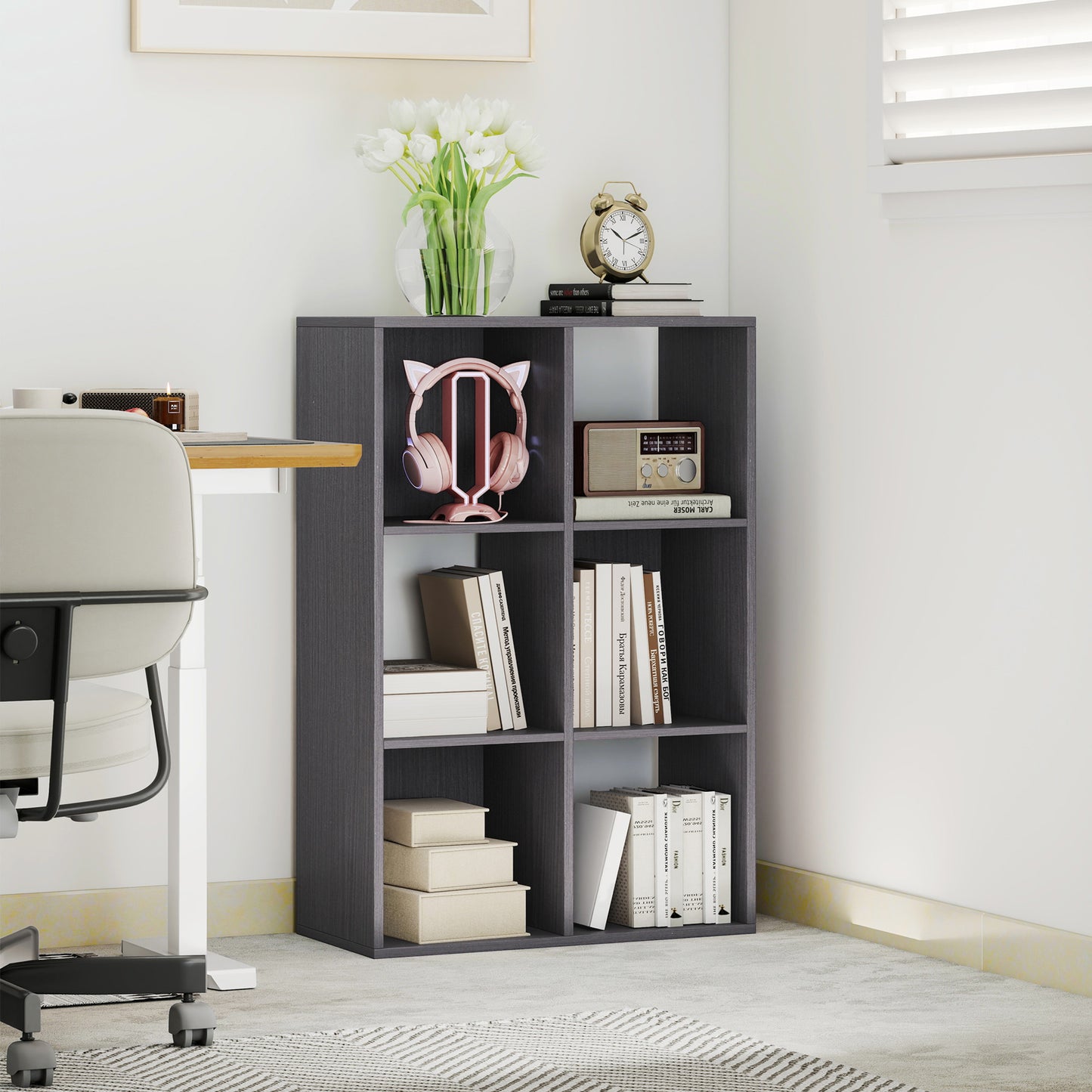 Fahe Wooden Grey 6 Cube Storage Bookcase