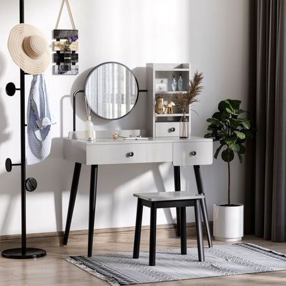Ravato Grey Dressing Table And Stool Set With 3 Drawers And OFauxn Shelving