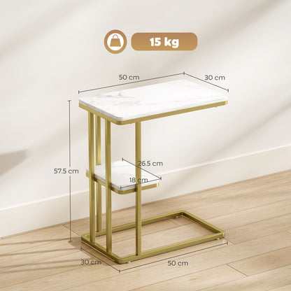 Neso Metal And Wooden White Marble Grain Slim C Shaped Side Table With 2 Tier Storage