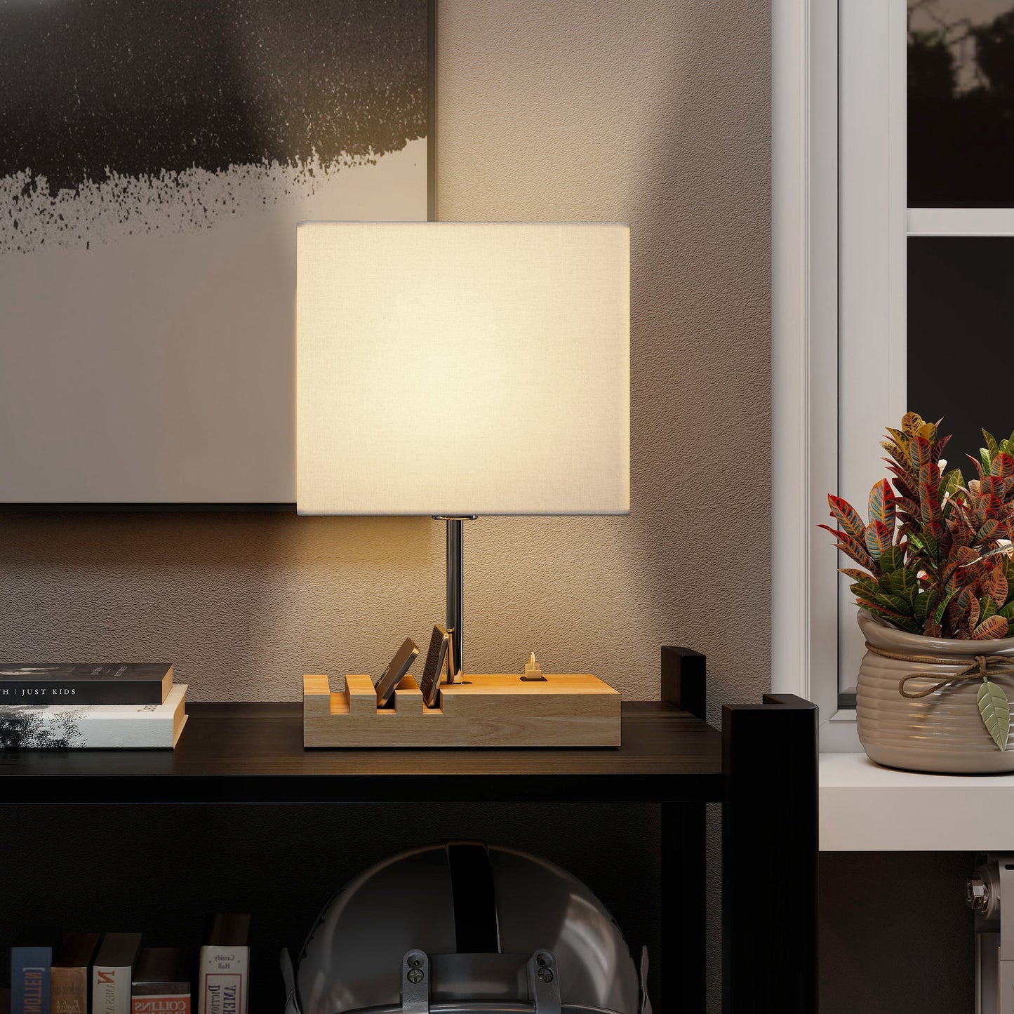 Hael Wood And Fabric White Bedside Table Lamp With USB Charging Ports Phone Stands And Fabric Shade