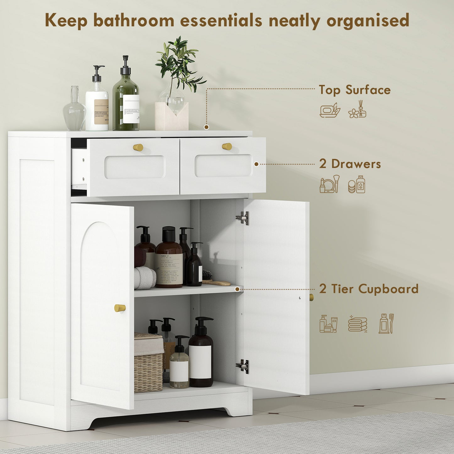 Pareto Bathroom Floor Storage Cabinet With 2 Drawers White