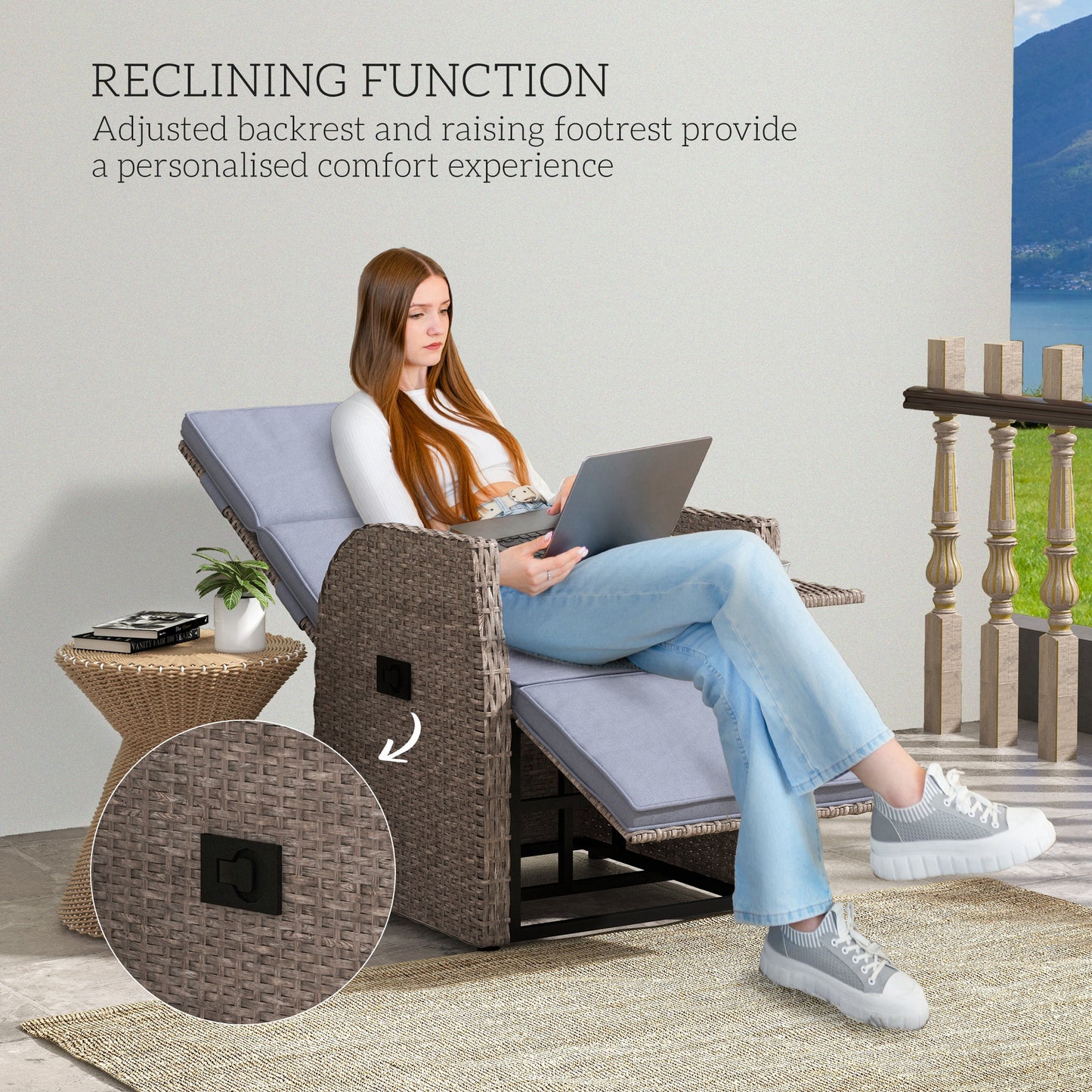 Namama Faux Rattan Brown And Grey Reclining Garden Armchair With Footrest