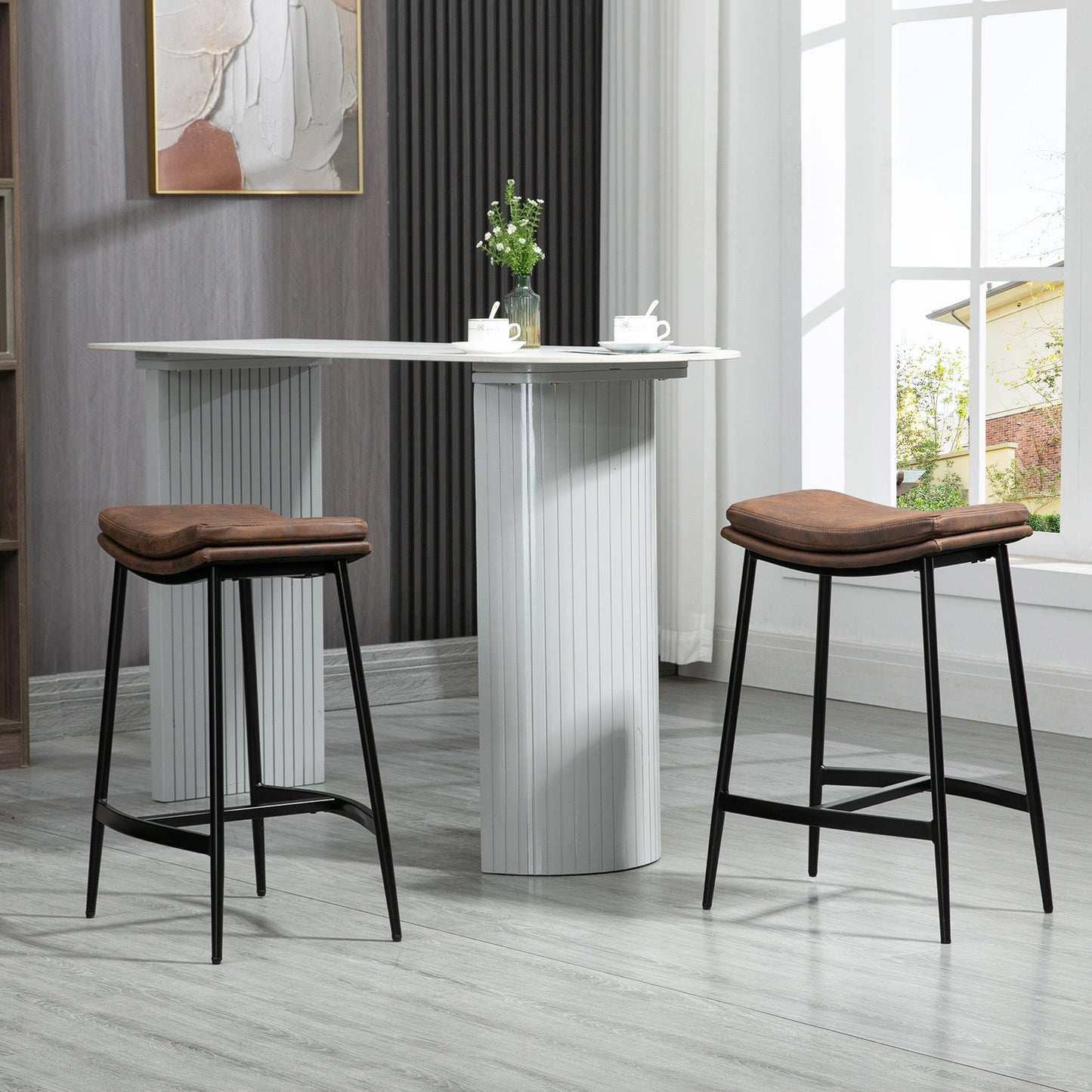Noveha Microfiber Brown Industrial Breakfast Bar Stools Set Of 2 With Curved Seat