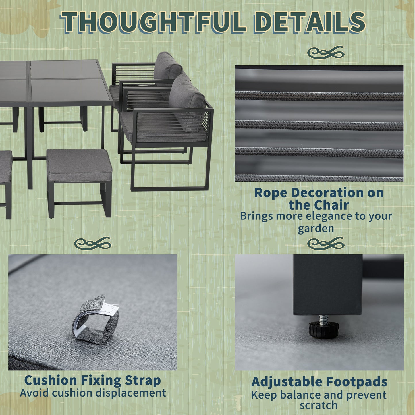 Sekalu Grey 8 Seater Grey Rattan Rope and Aluminium Outdoor Dining Set With Glass Top Table