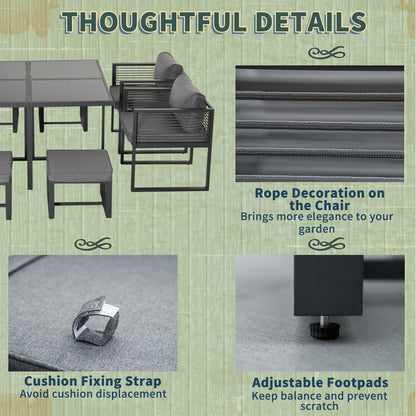 Sekalu Grey 8 Seater Grey Rattan Rope and Aluminium Outdoor Dining Set With Glass Top Table