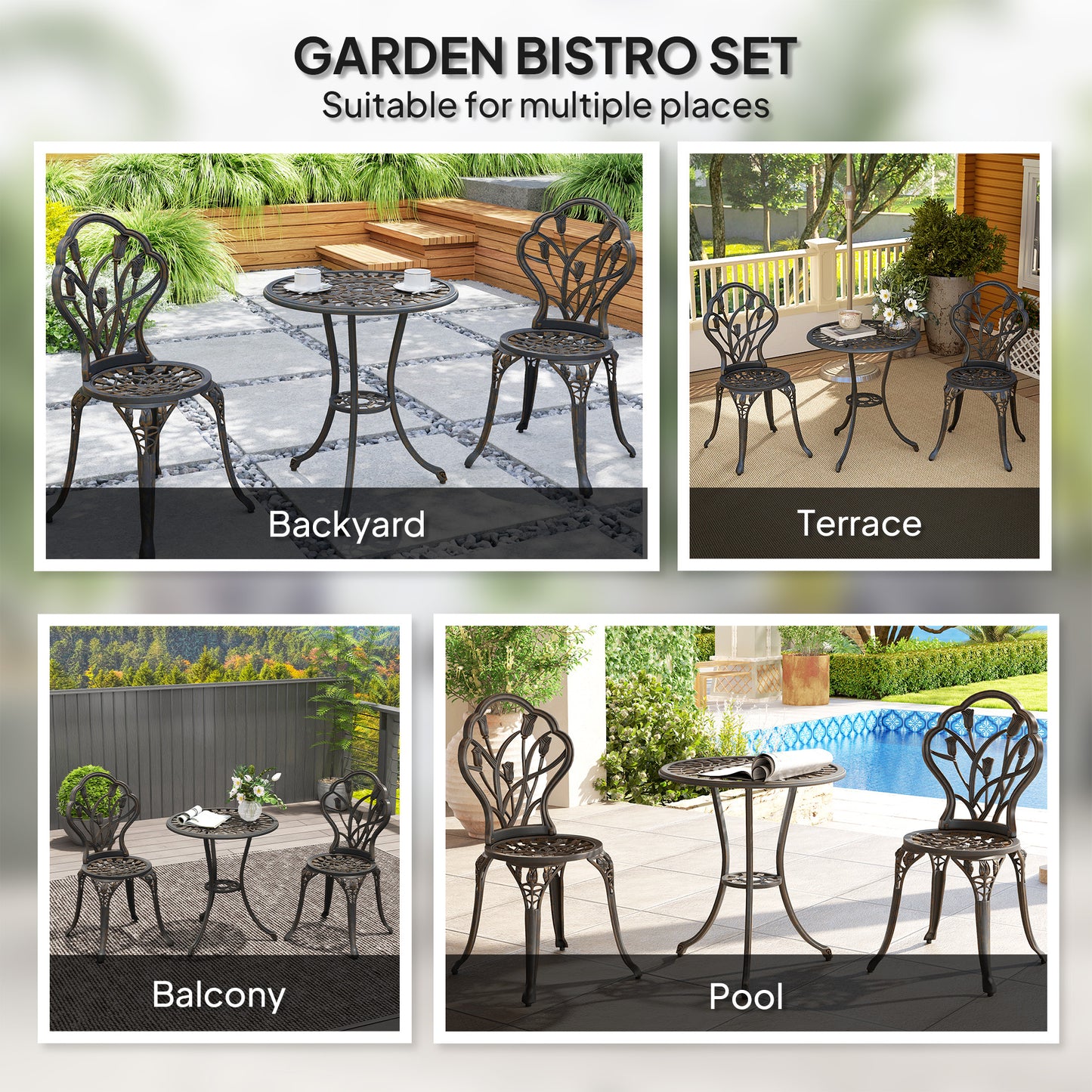 Fafire Aluminium Bronze Tone 3 Piece Patio Bistro Set With Umbrella Hole Table And Chairs