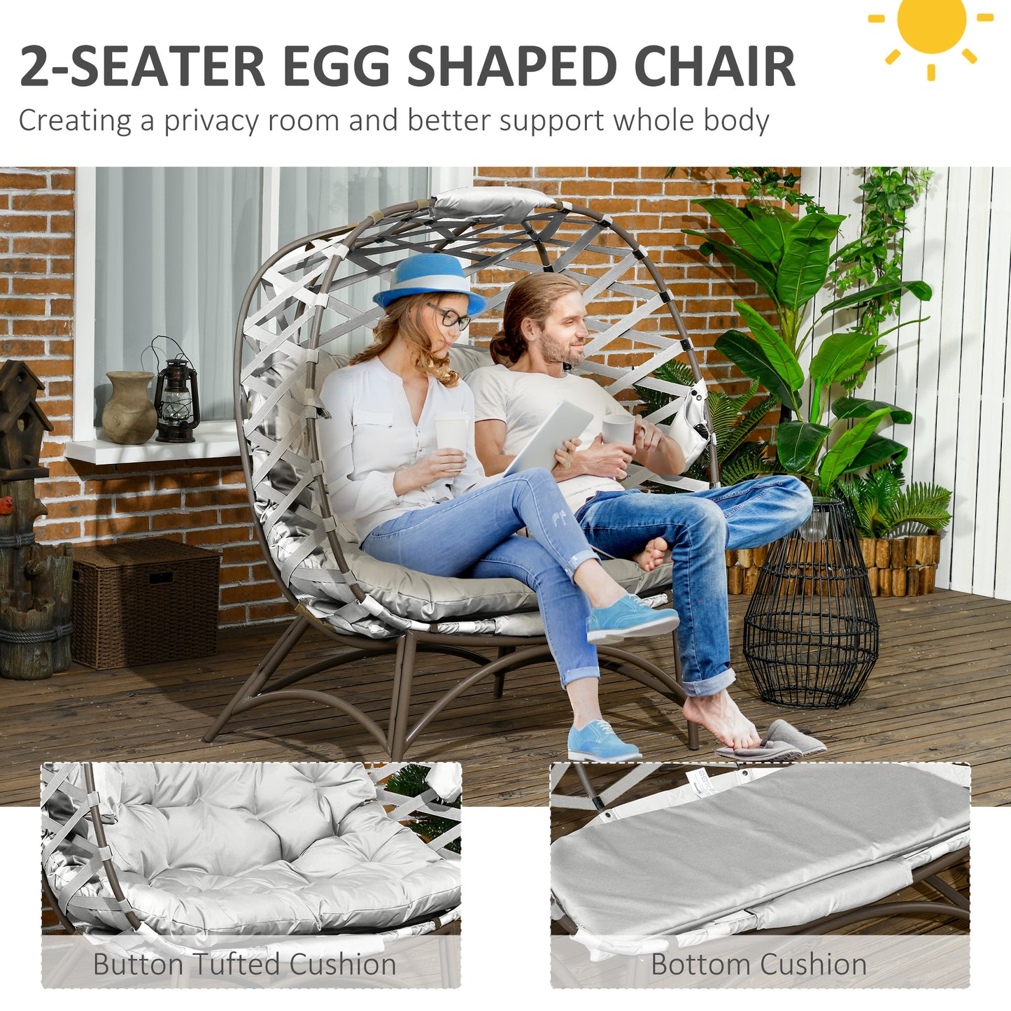 Ninamo Woven Rattan Light Grey 2 Seater Folding Egg Chair With Cushions And Cup Holders
