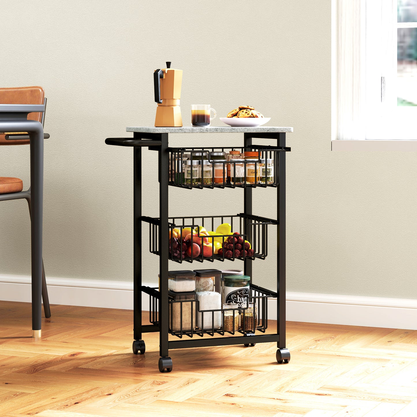 Firo Metal Grey And Black 3 Basket Mobile Kitchen Trolley With Locking Wheels