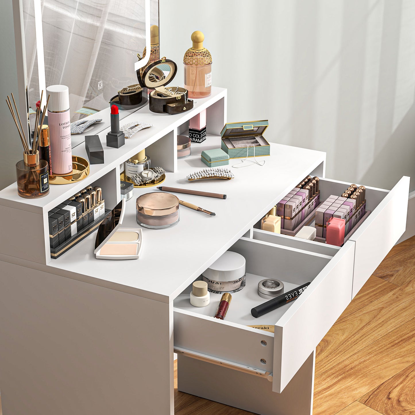 Linora Roso White Dressing Table With LED Mirror And Built In Storage