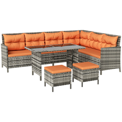 Tasu Rattan Orange And Grey 7 Seater Outdoor Sofa Set With Cushions And Glass Tables