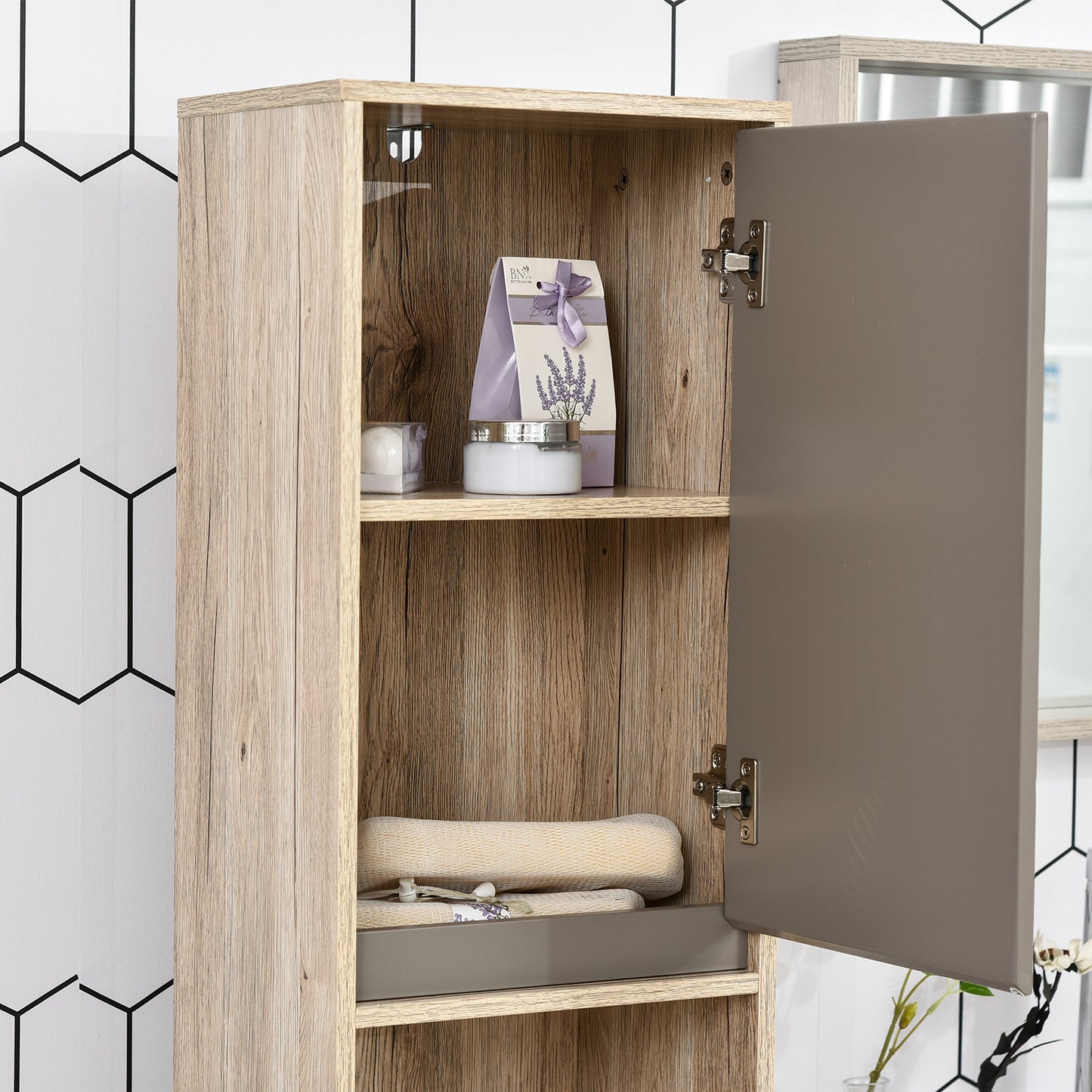 Kaeldo Slim Bathroom Storage Cabinet With OFauxn Compartment Adjustable Shelves Grey And Oak
