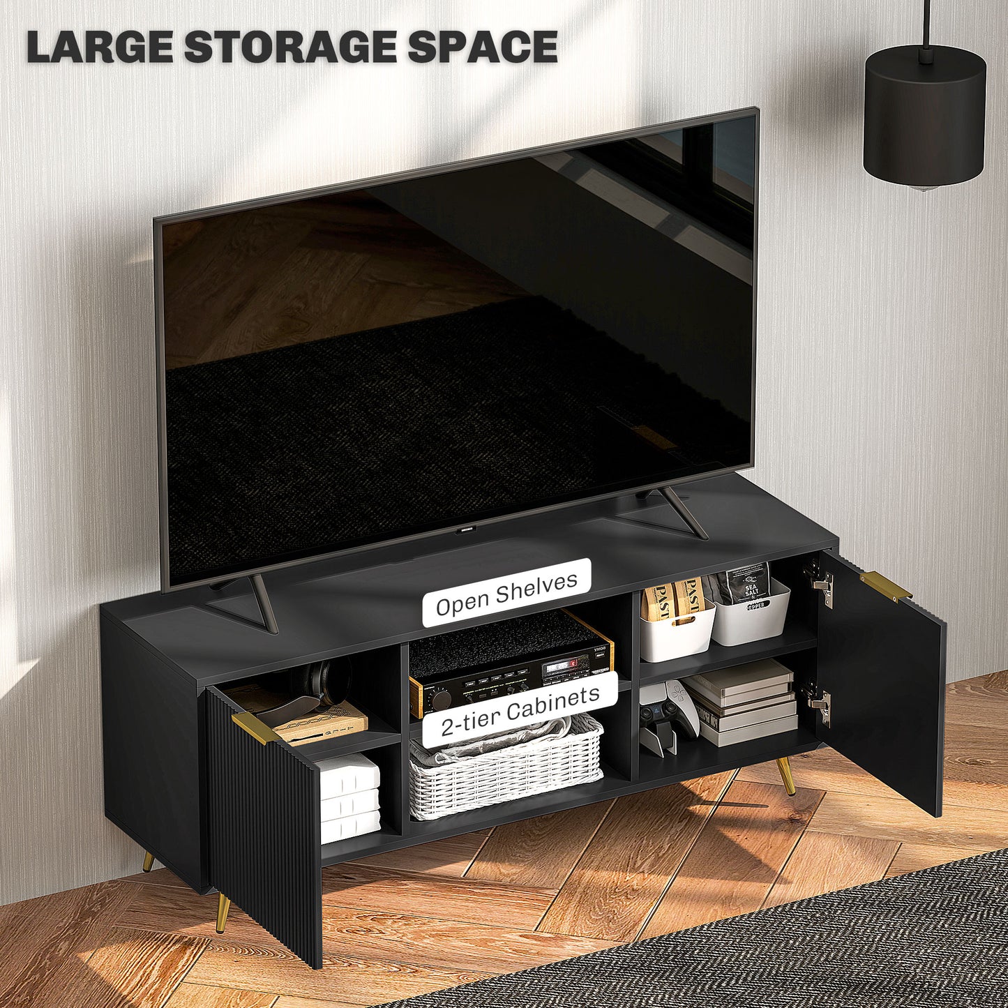 Ellini Wooden Black TV Stand With 2 Open Shelves 2 Doors For Screens Up To 55 Inches