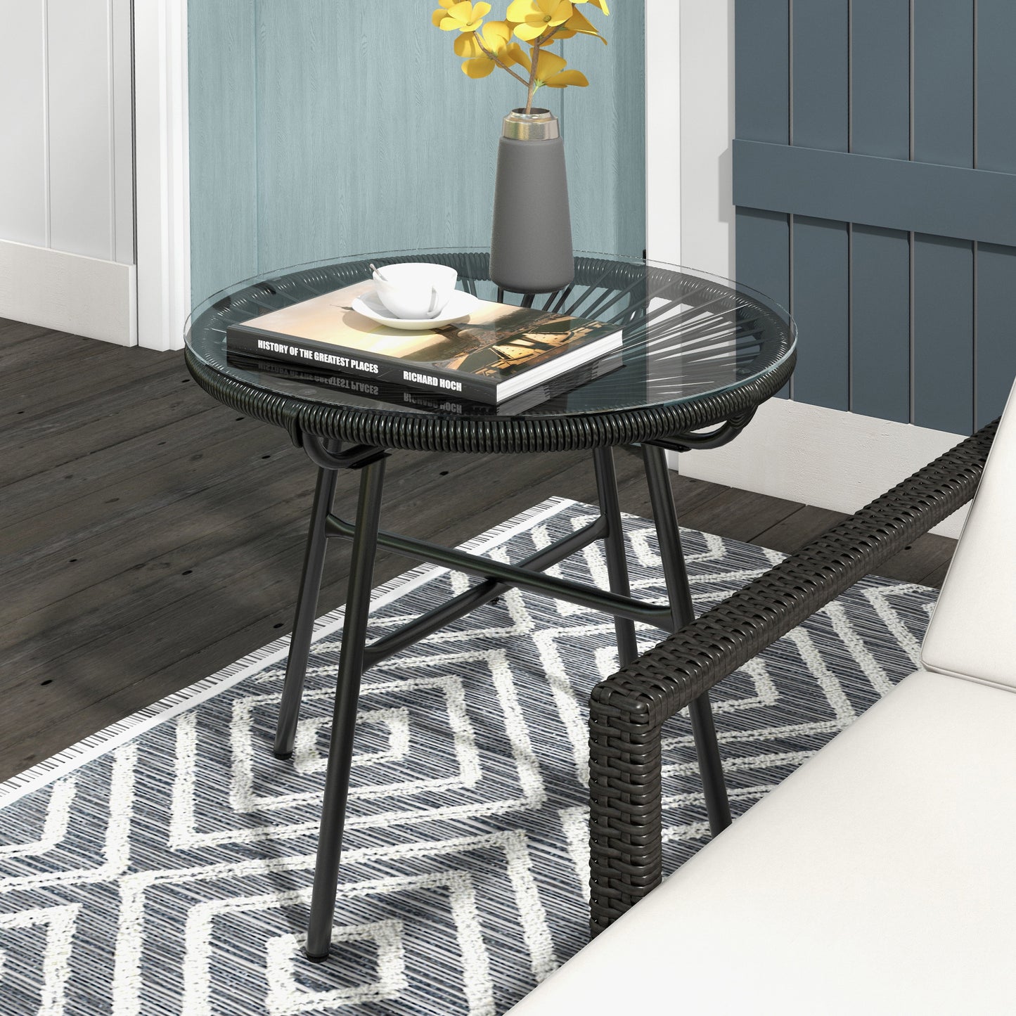 Antigua Black Rattan Round Outdoor Garden Bistro Table With Tempered Glass Top