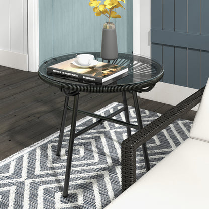 Antigua Black Rattan Round Outdoor Garden Bistro Table With Tempered Glass Top