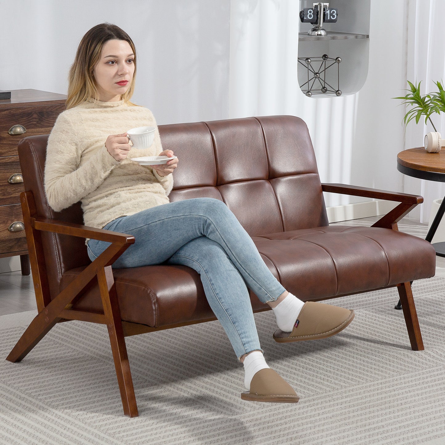 Kara Faux Leather Brown Compact 2 Seater Sofa With Tufted Back